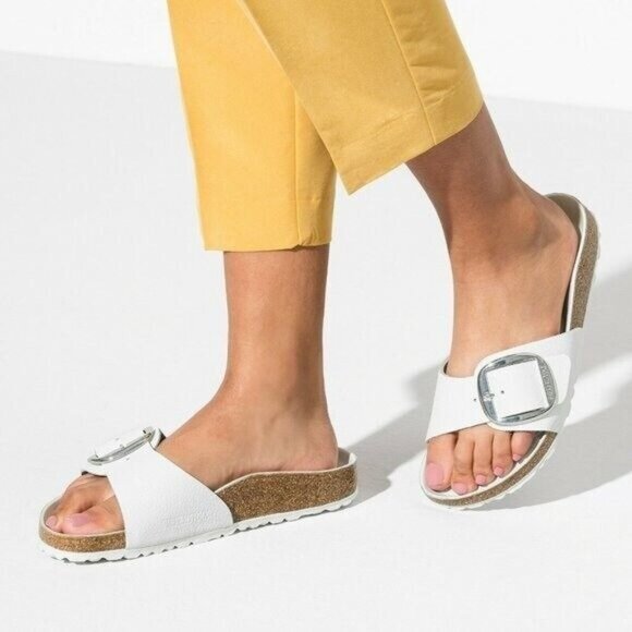Birkenstock Madrid Big Buckle Slide Sandal White Leather Womens EU 38 US 7- 7.5